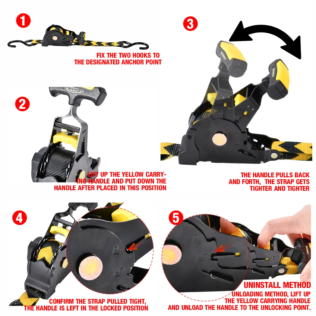 1 inch auto retractable ratchet strap with ergonomic T handle and yellow webbing