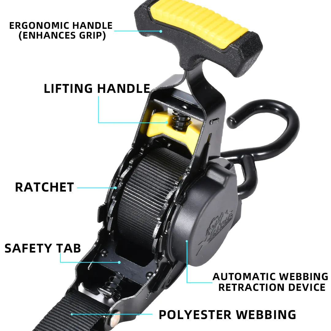 T-handle retractable tie down strap for motorcycles and ATVs