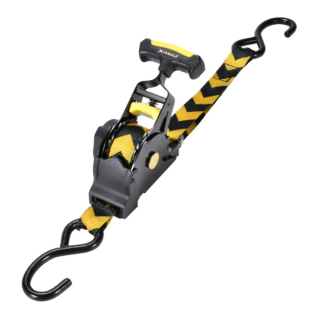 Automatic retractable cargo strap with high visibility yellow release trigger