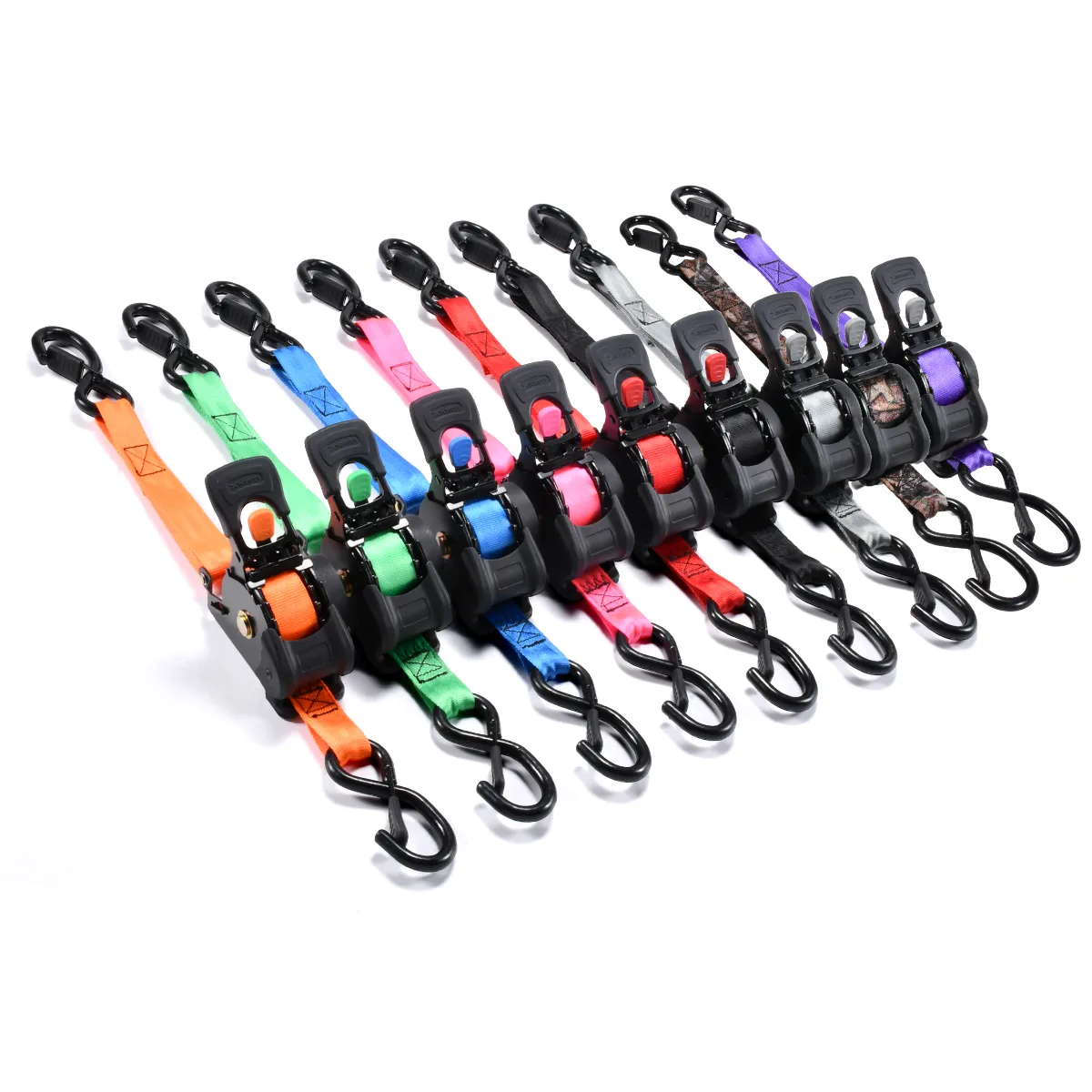 Custom color retractable ratchet straps with push button release