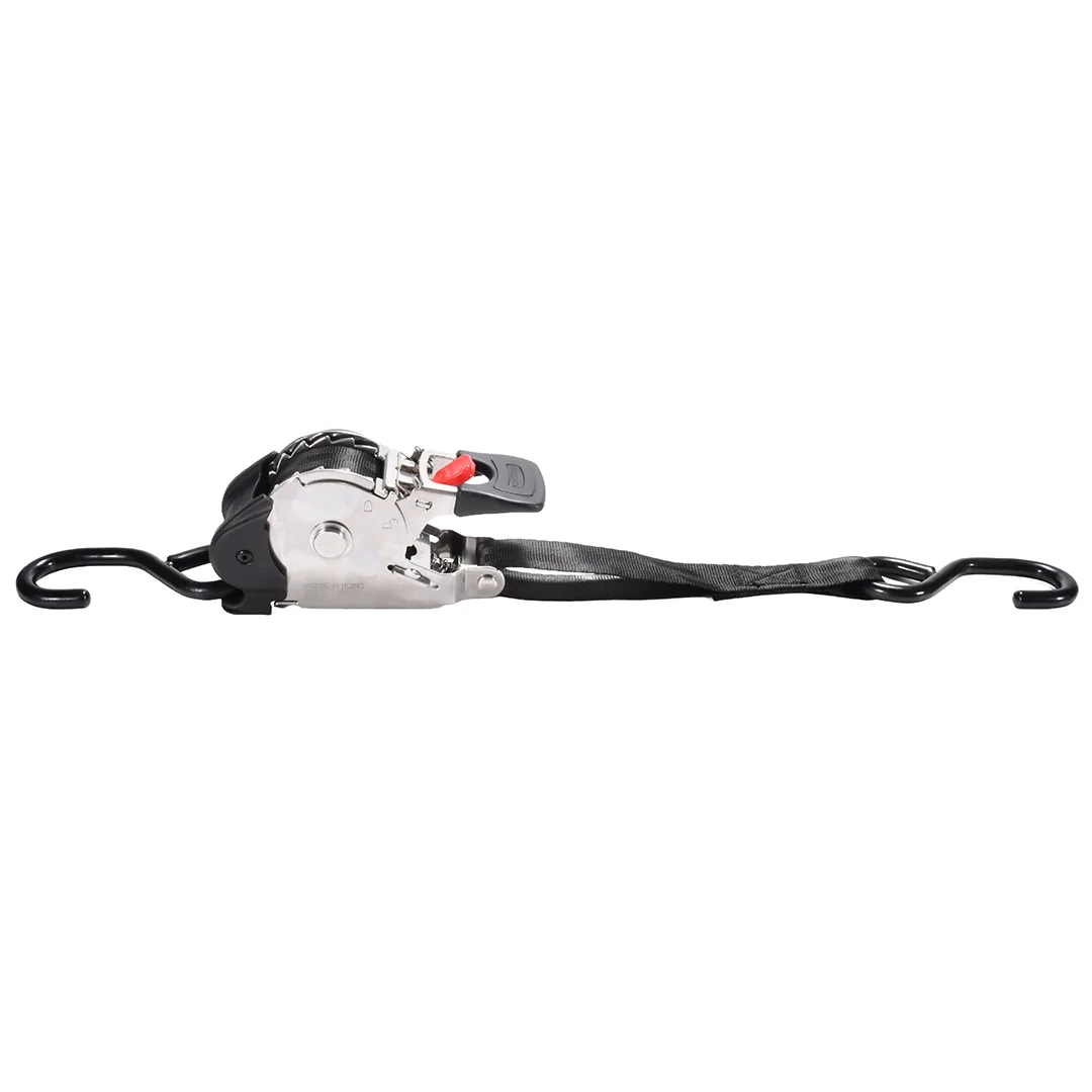 Marine grade retractable tie down strap with push button release