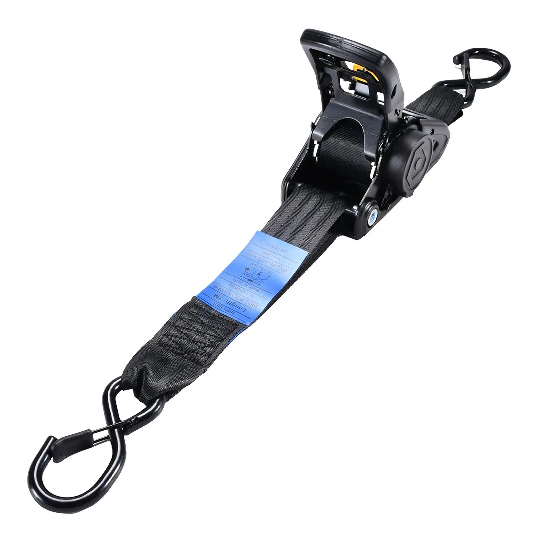 Black E-coated steel retractable tie down strap with safety clip S-hooks