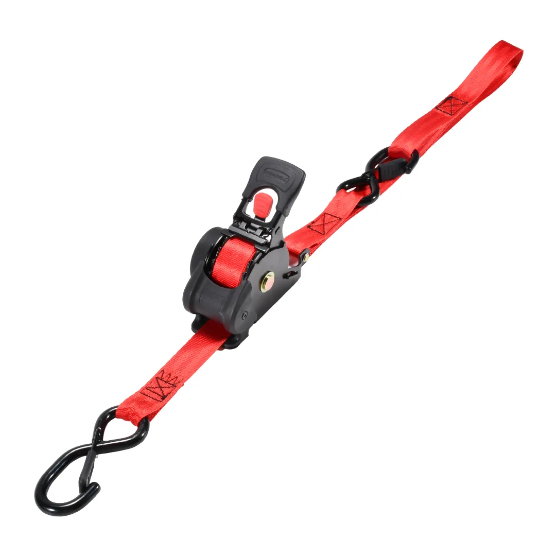 red automatic retractable ratchet strap with soft tie loop and vinyl coated S-hook