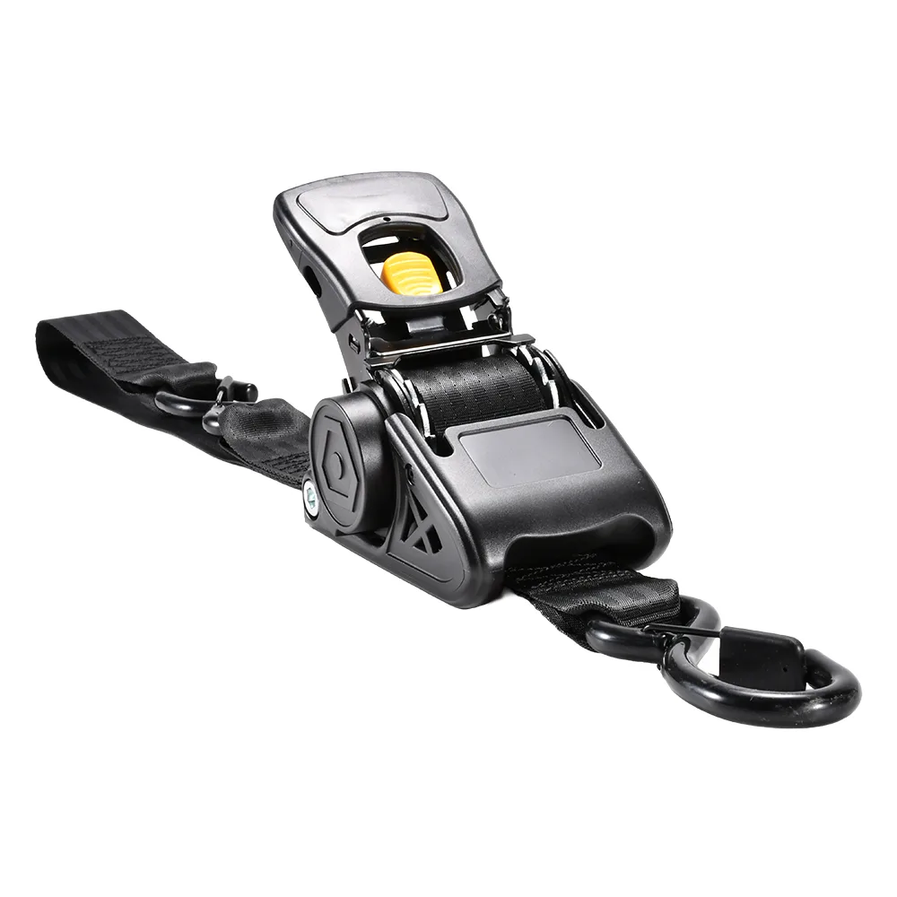 Black 2 inch auto retractable motorcycle strap with integrated soft tie loop