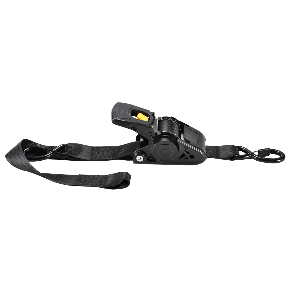 Retractable motorcycle tie-down strap with yellow release button and black webbing