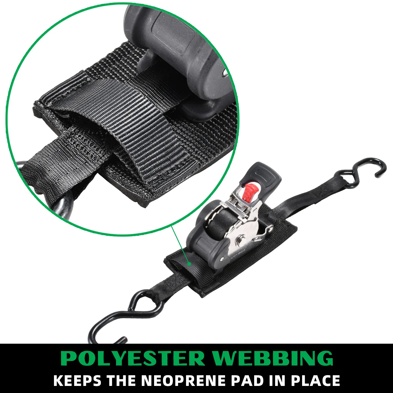 Boat trailer tie-down strap with coated hooks and protective ratchet pad
