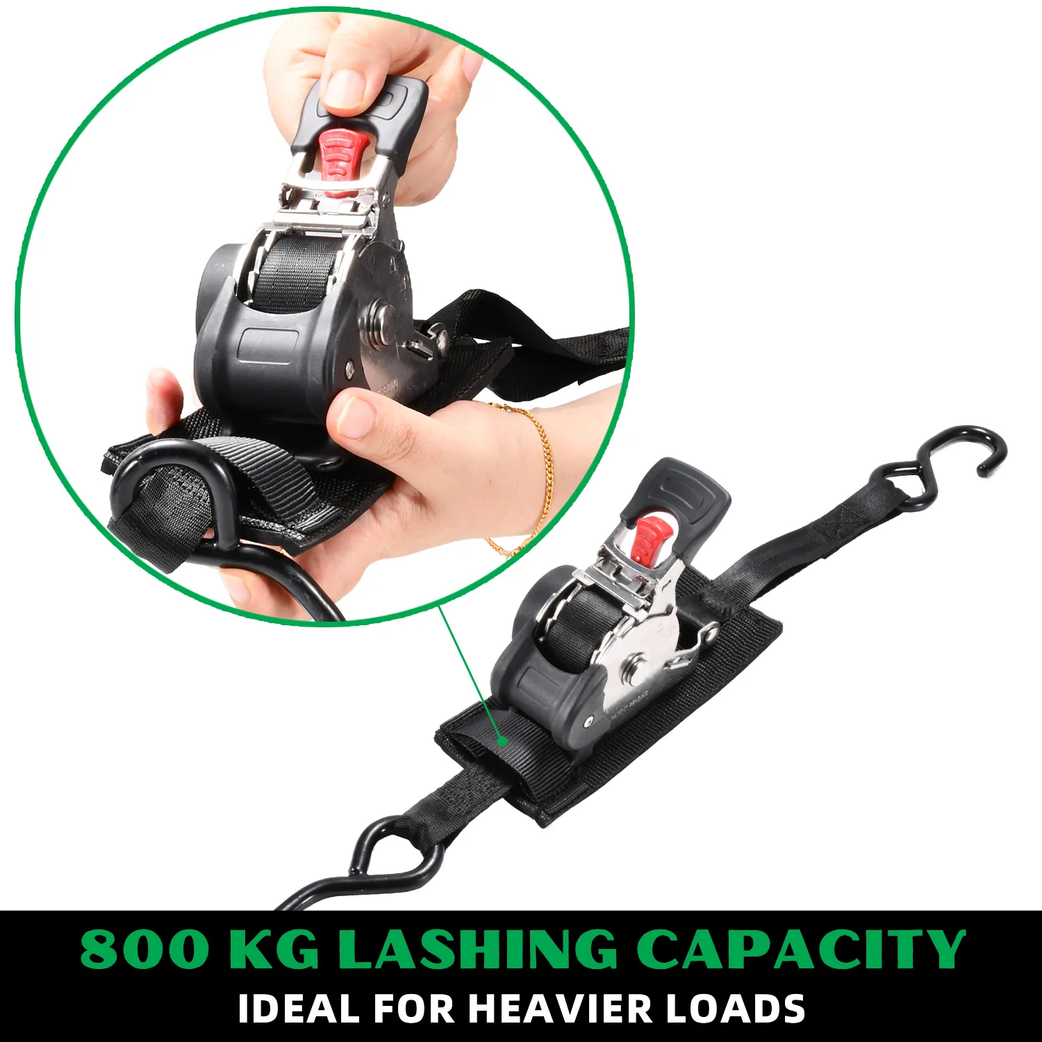 Retractable marine tie-down strap with black polyester webbing and S-hooks