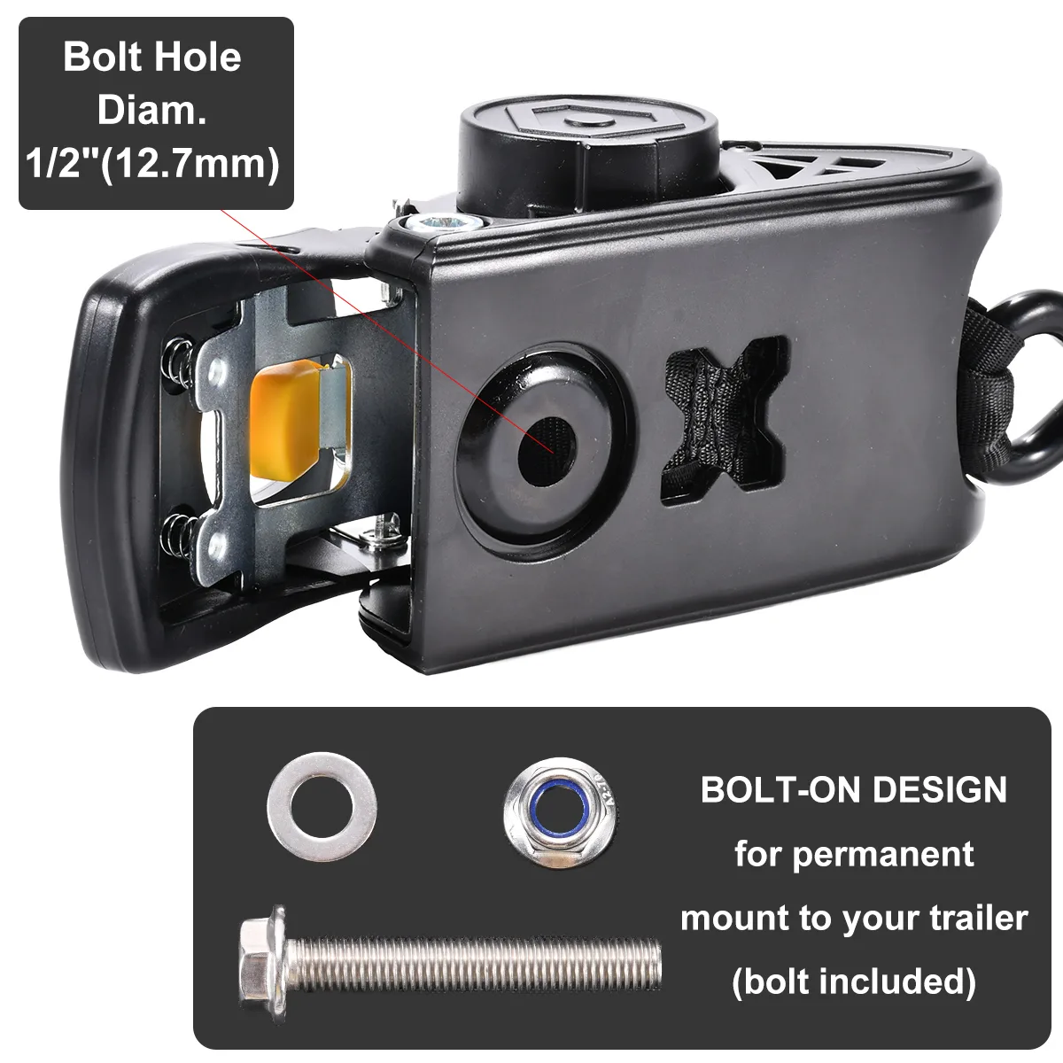 2 inch bolt on auto retractable ratchet strap with M12 mounting hardware