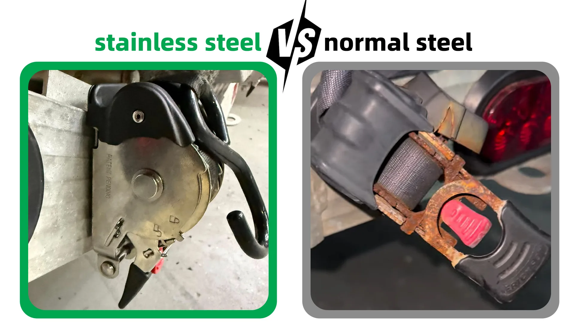 Marine grade 304L stainless steel VS normal steel retractable ratchet strap