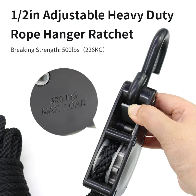 Adjustable rope ratchet with braided polypropylene rope and nylon housing