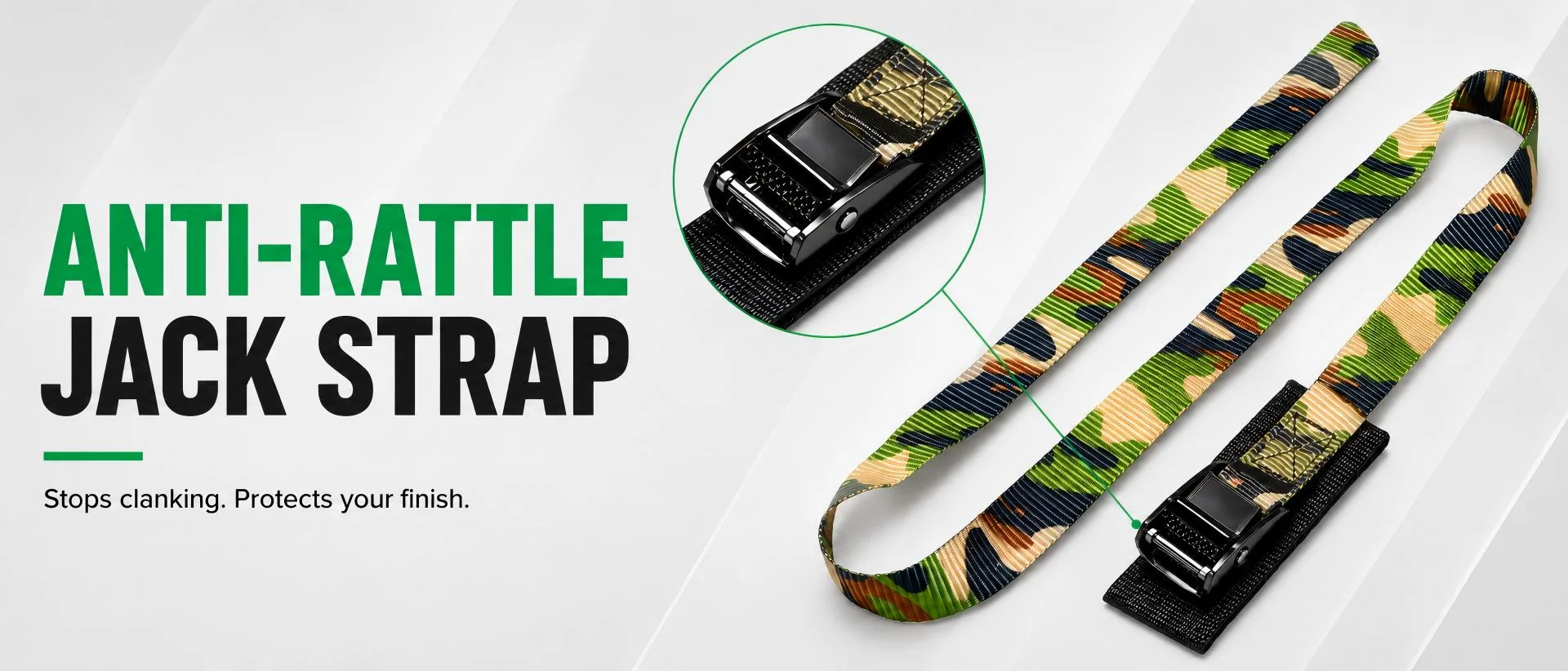 Heavy-duty anti-rattle jack strap with cam buckle and camouflage webbing