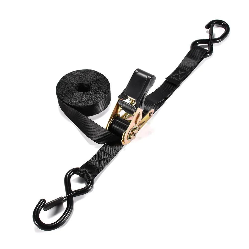 1-inch locking ratchet strap with rubber grip and safety latch S-hooks