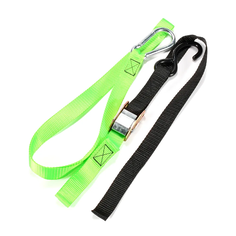 1-inch motorcycle cam buckle tie-down strap with carabiner and S-hook