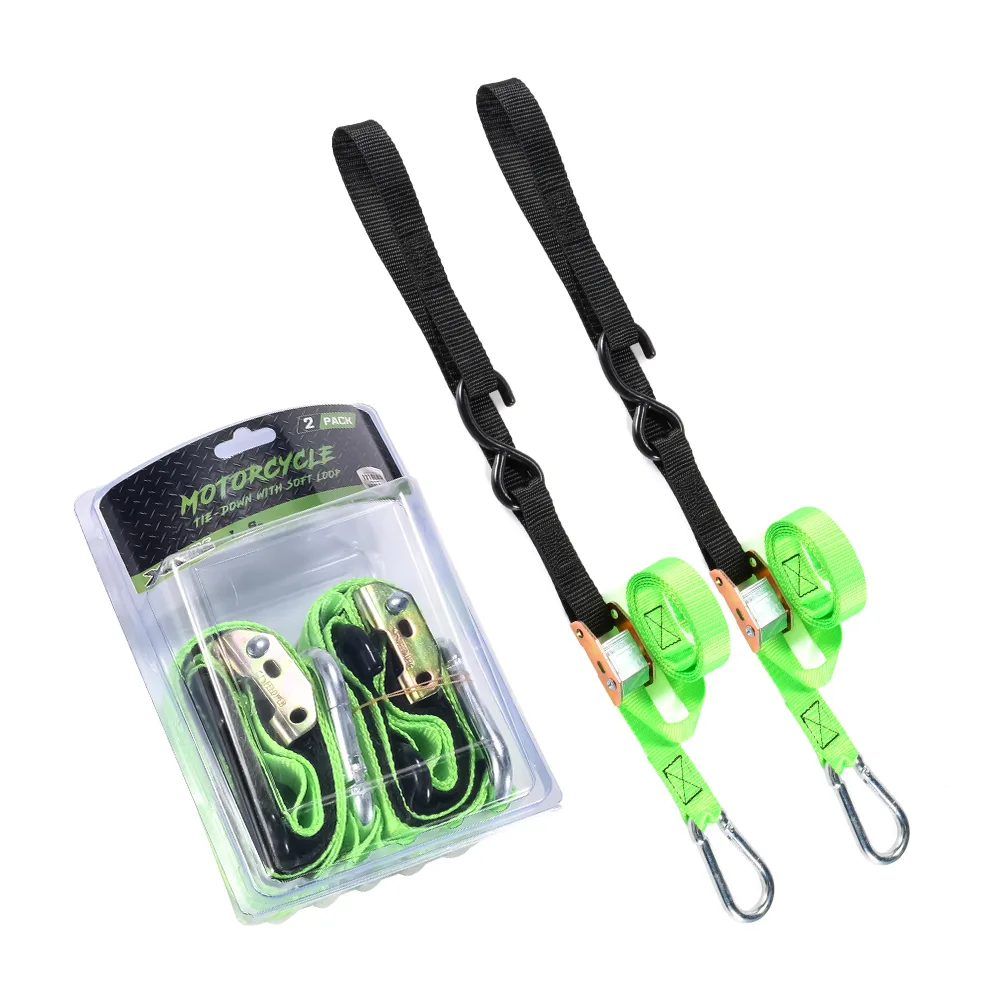 M8 steel carabiner safety hook on a neon green motorcycle tie-down