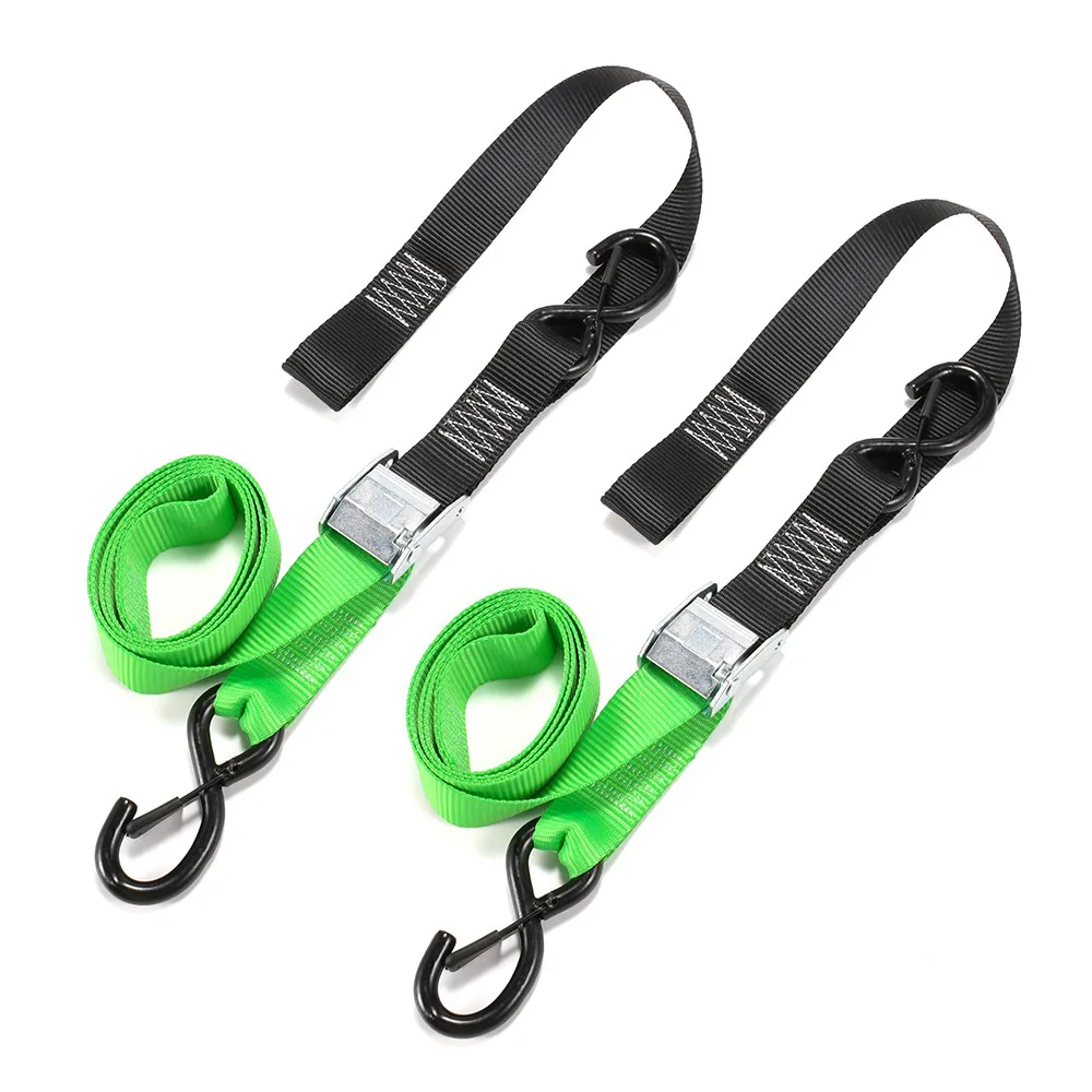 Vinyl-coated S-hooks on a 1.5-inch neon green motorcycle tie-down