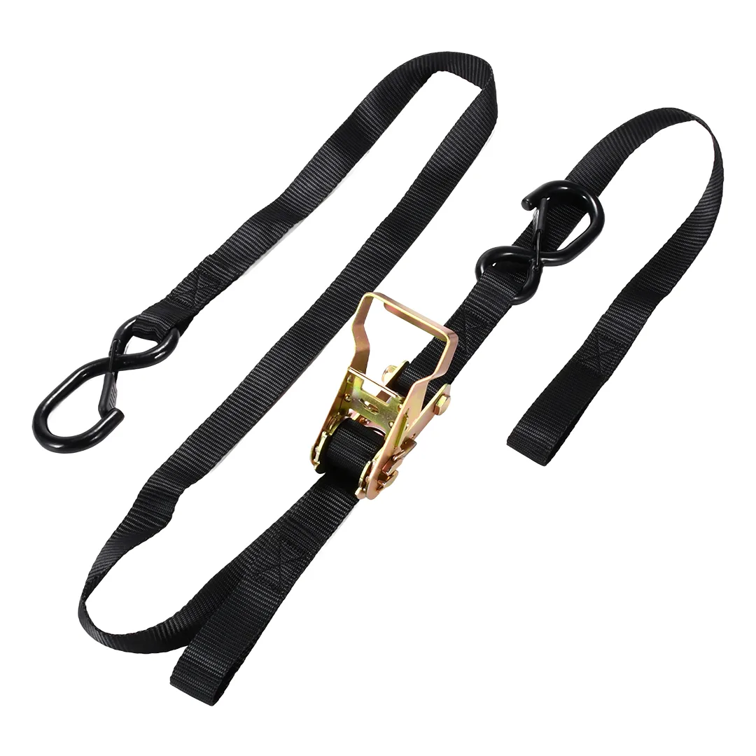 Heavy-duty ratchet strap with locking S-hooks and integrated soft loop