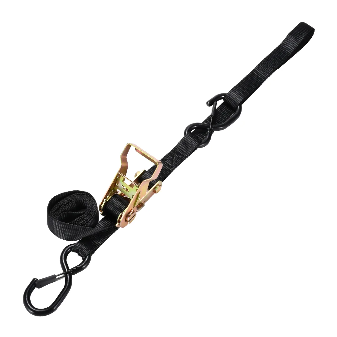 Zinc-plated 3300 lbs ratchet buckle mechanism on a black tie-down