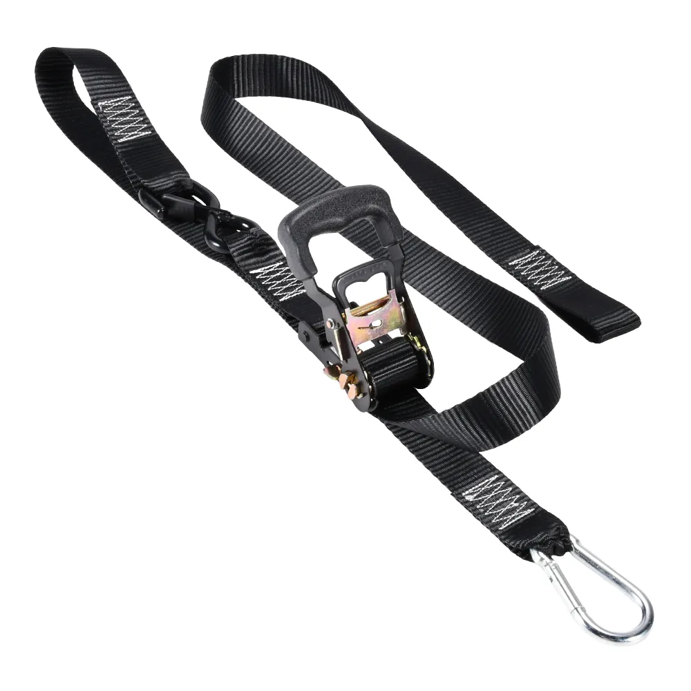 1.5-inch motorcycle ratchet strap with carabiner and integrated soft loop