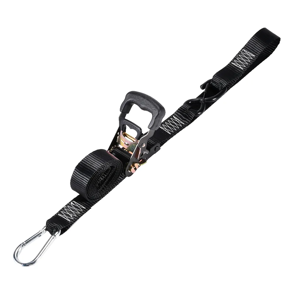 Steel carabiner clip on a heavy-duty 1.5-inch black motorcycle tie-down