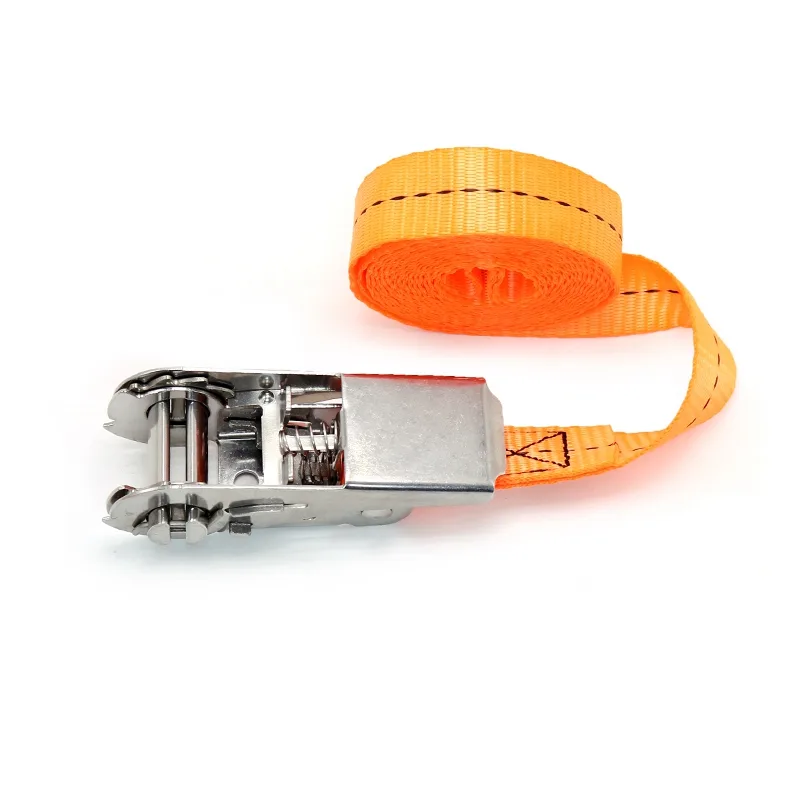 High-tenacity red tie-down webbing rated at 1763 lbs breaking strength