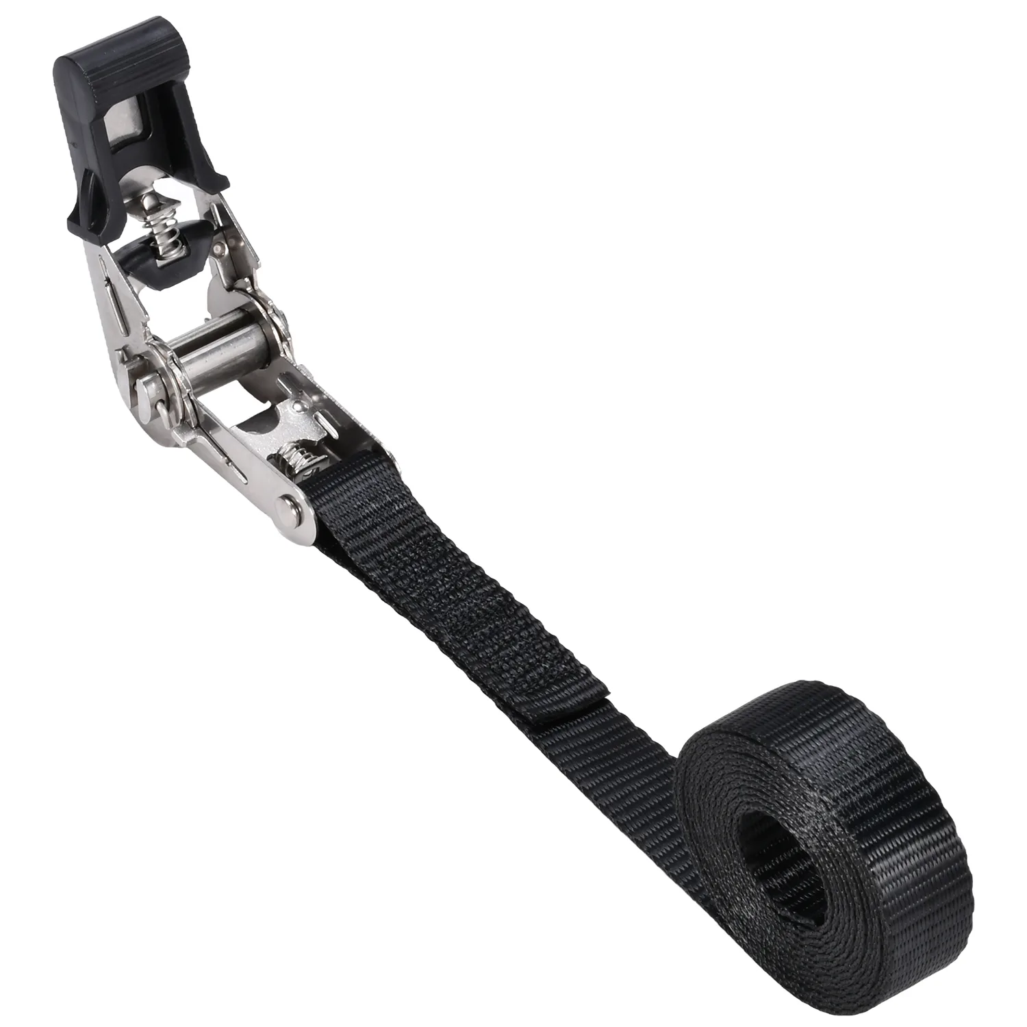  1-inch stainless steel endless ratchet strap with black rubber grip handle