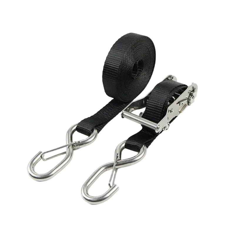 1-inch heavy-duty stainless steel ratchet strap with marine-grade S-hooks