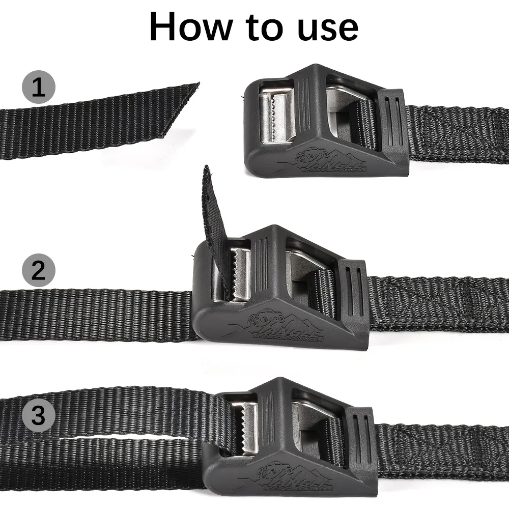 Black cam buckle tie-down strap with stainless steel buckle and protective PVC sleeve