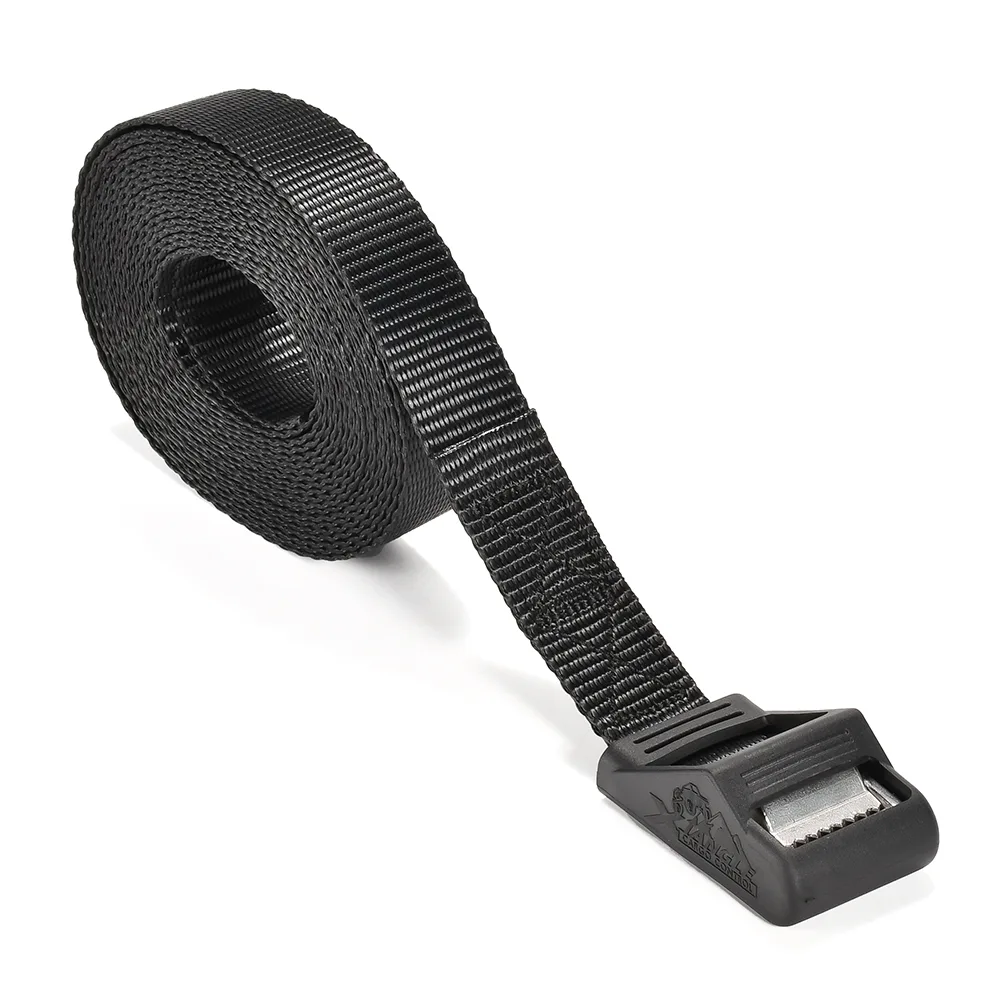 Stainless steel cam buckle with black polyester webbing for outdoor tie-down use