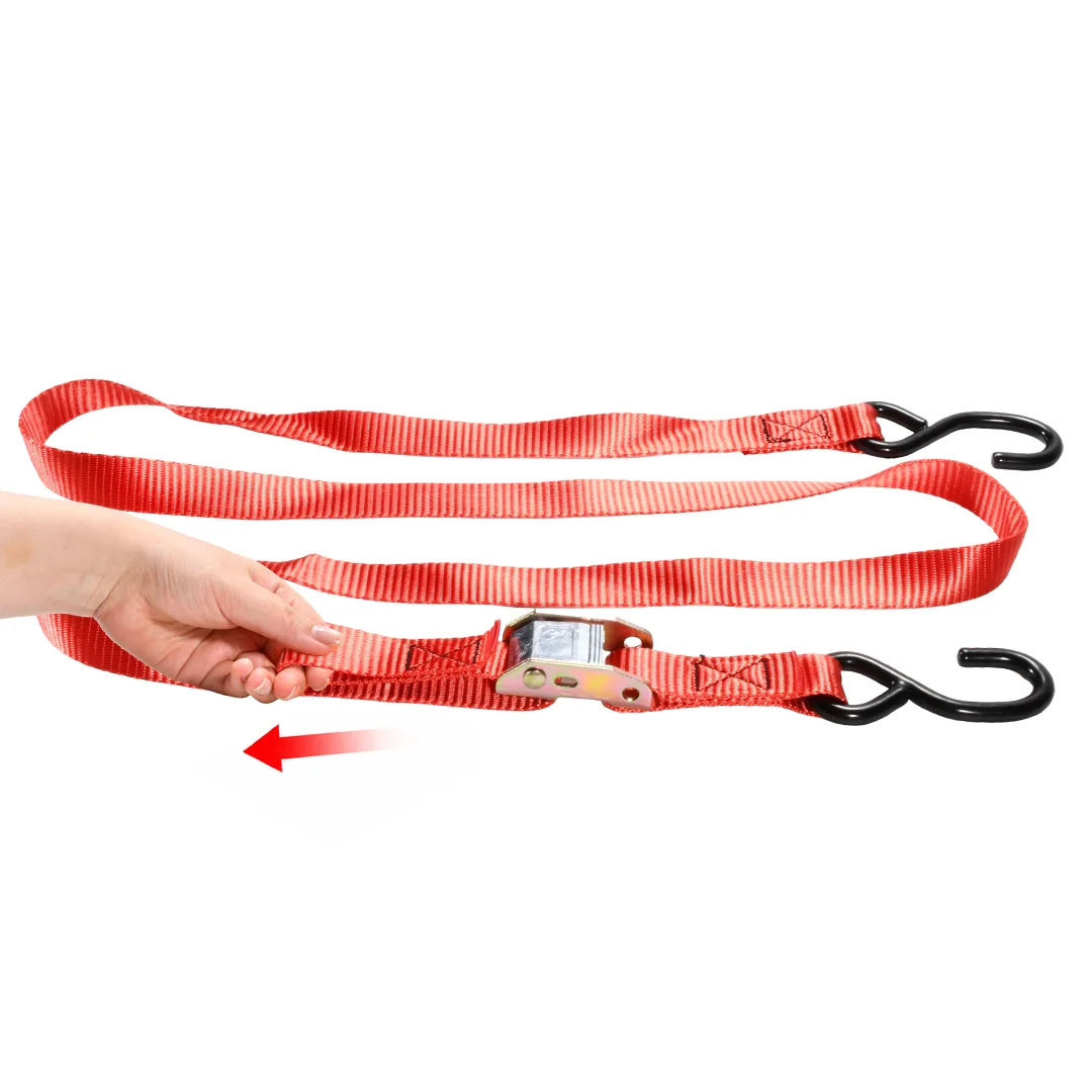 Cam buckle strap with easy pulling loop and metal S hook end fittings